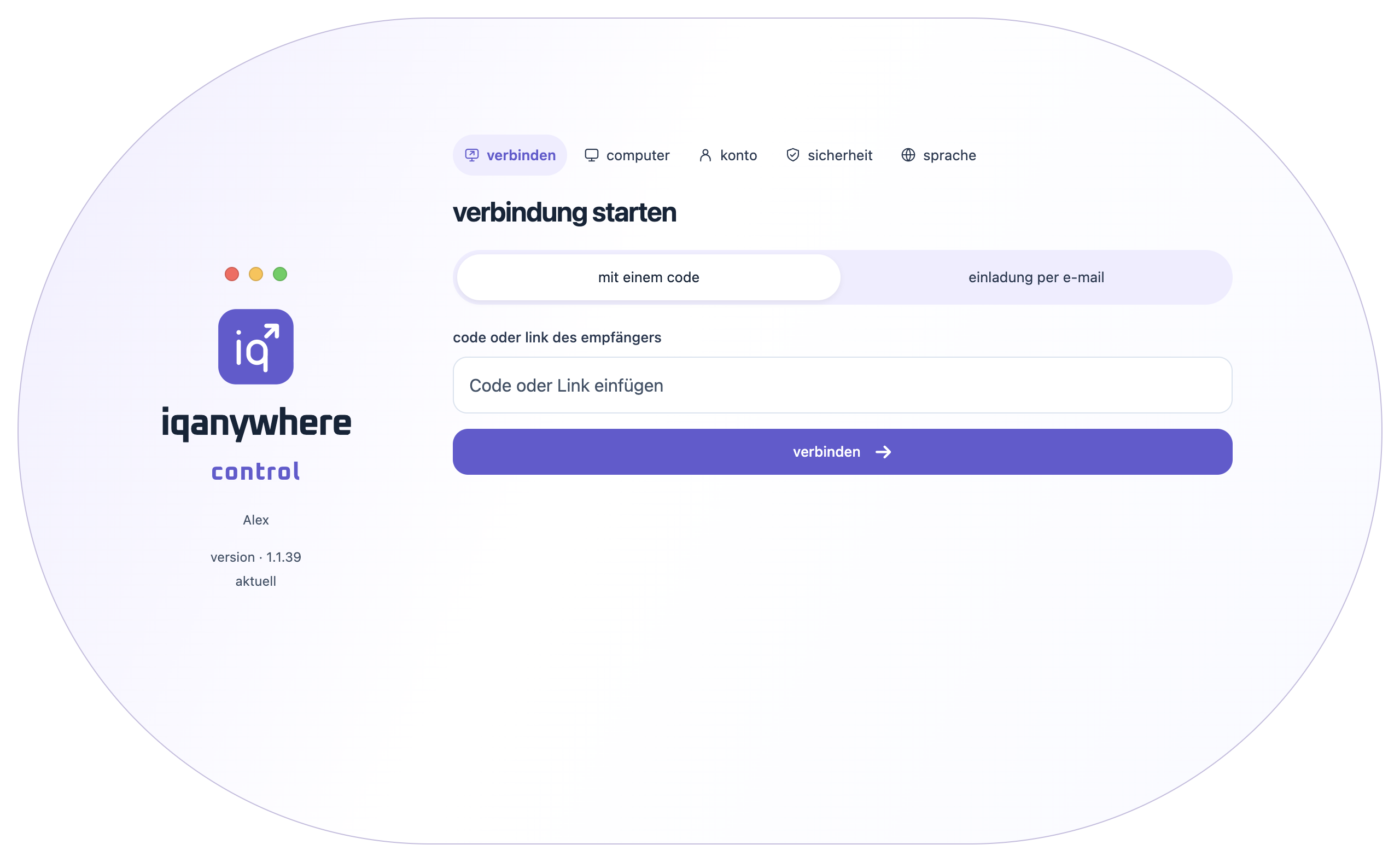 Die Verbindungsseite von Control mit dem Feld für einen erhaltenen Code oder Link.