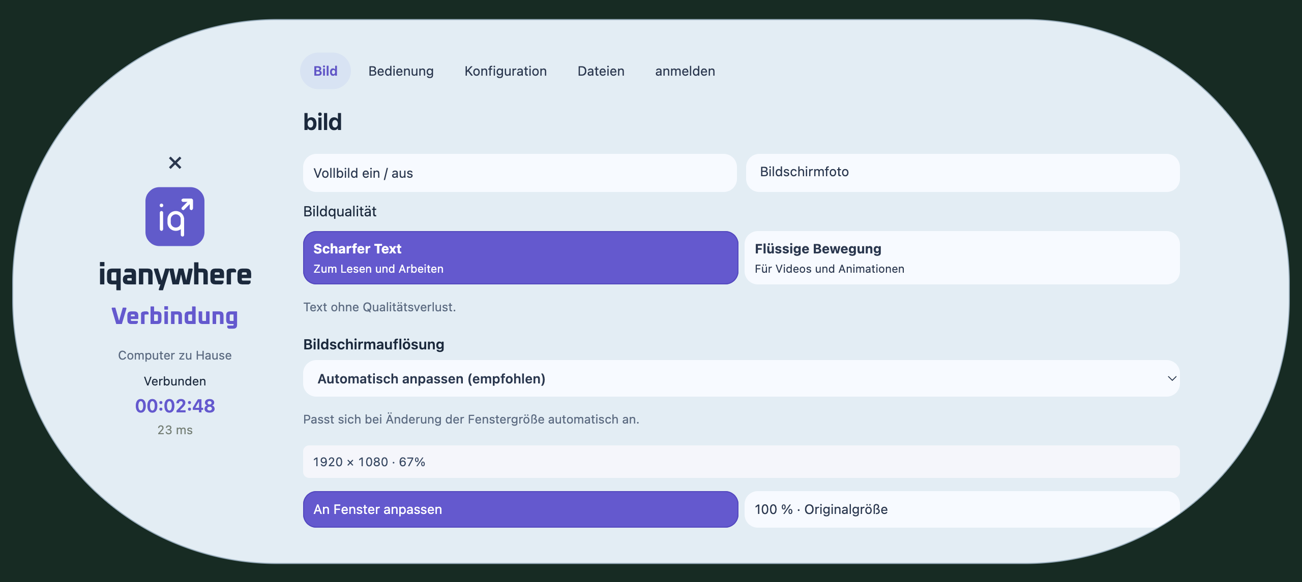 Das Bildmenü mit scharfem Text, automatischer Auflösung, Fensteranpassung und Originalgröße.