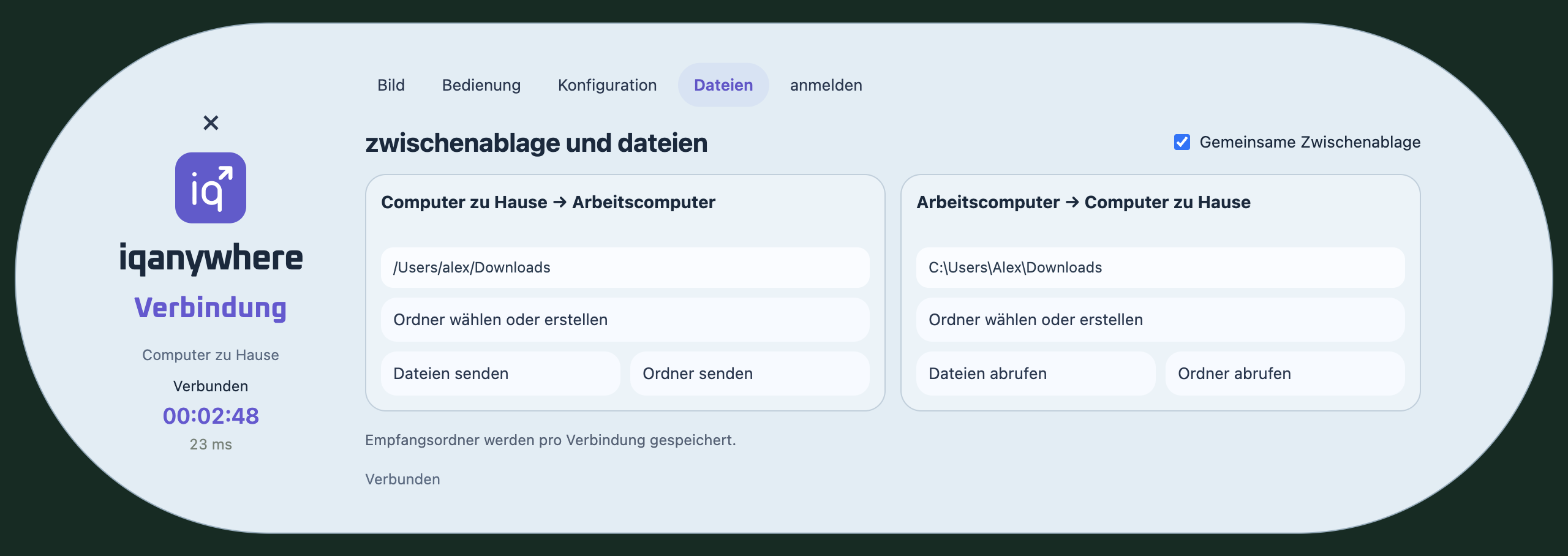 Das Dateimenü mit zwei Übertragungsrichtungen, Empfangsordnern und Datei- sowie Ordnerschaltflächen.