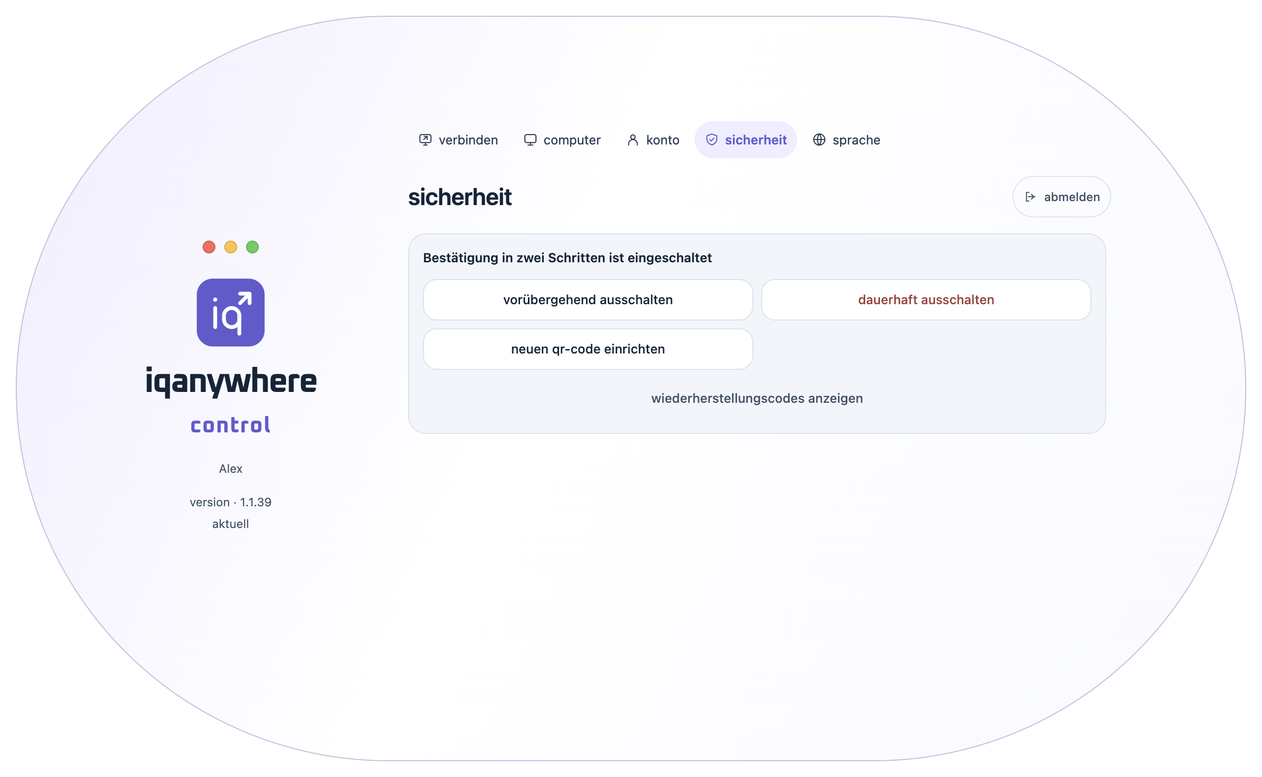 Die Sicherheitsseite von Control mit dem Authenticator-Status und den Verwaltungsoptionen.