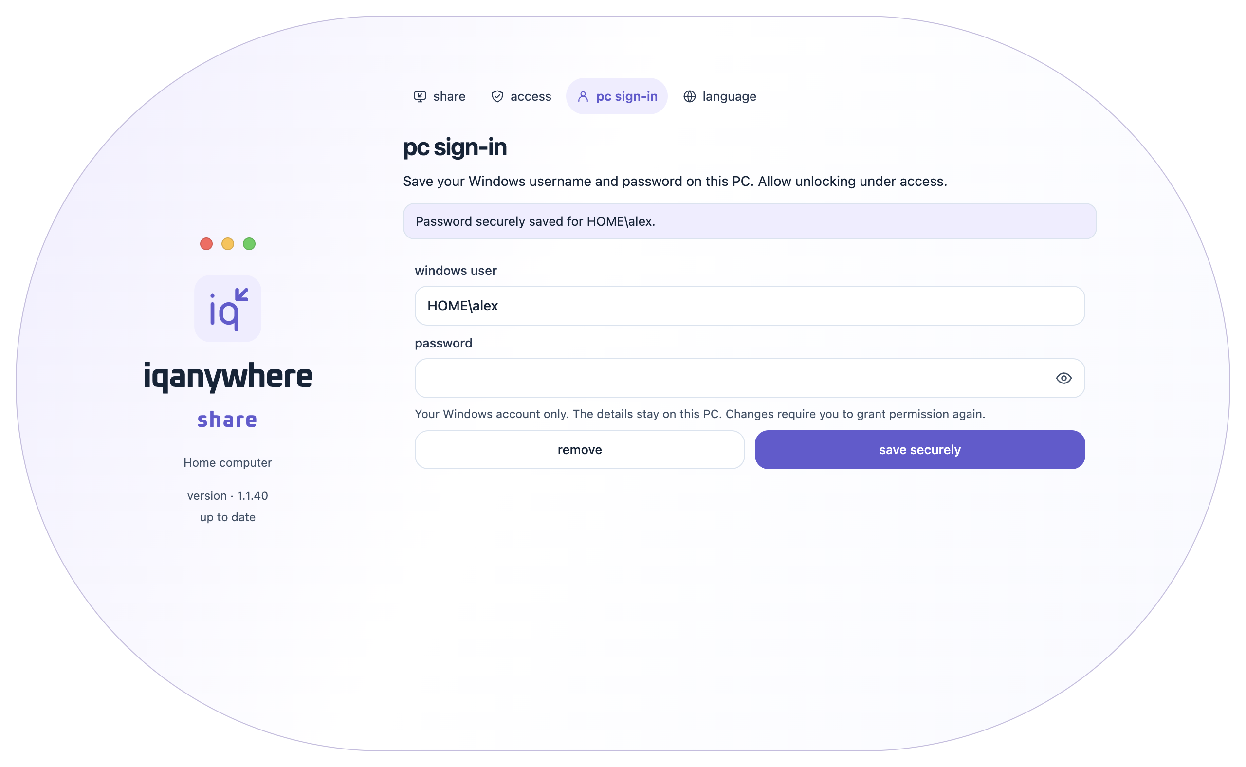Share pc sign-in with the Windows user field, an empty password field and the save button.